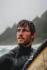 Close up headshot of a surfer wearing a wetsuit holding a surfboard on a beach with bad weather out of the water