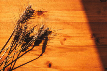 Fototapeta premium Wheat ears on wooden desk
