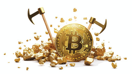 Bitcoin gold symbol and pickaxes