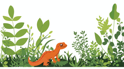 Cartoon newt and green plants isolated on white background
