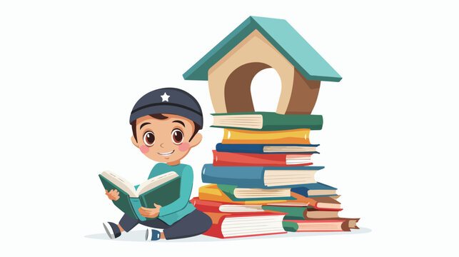 Cartoon Muslim boy reading a book with pile of books f