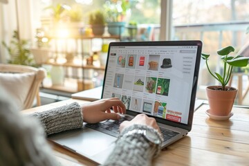 Online Shopping Platform Navigation on Laptop - obrazy, fototapety, plakaty