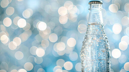 A bottle of sparkling water stands on the right side, against a blurred background with bokeh and empty space for text