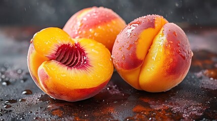 plump and juicy peach, emphasizing the fuzzy skin, rosy blush, and succulent flesh - obrazy, fototapety, plakaty