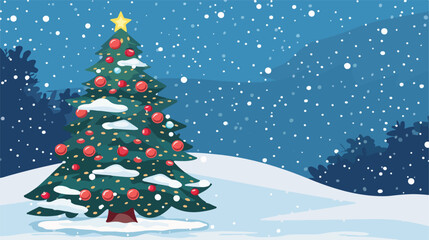 Fototapeta na wymiar Christmas tree on a background of a snowy landscape fl