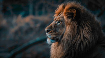 closeup of a Lion sitting calmly, hyperrealistic animal photography, copy space