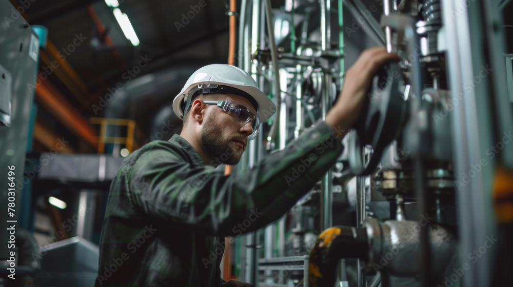 Canvas Prints a male engineer in a hard hat and safety glasses operating a large machine in a factory