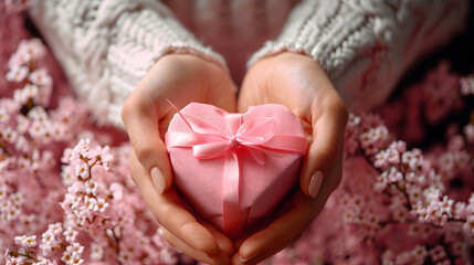 Close up top view of female hands holding a pink heart-shaped gift for Valentine's Day.