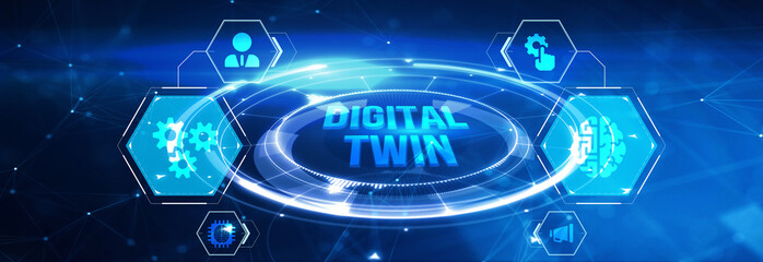 Digital twin industrial technology and manufacturing automation technology. 3d illustration