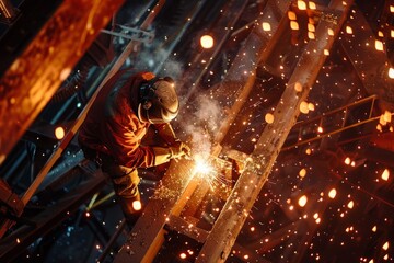 Welder Using MIG Technique on Steel Structure, Dynamic Sparks - obrazy, fototapety, plakaty