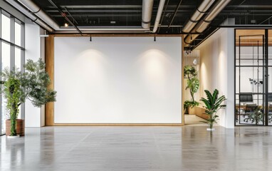 Modern coworking office interior with blank white mock up banner on wall, panoramic windows and city view, daylight, wooden flooring, furniture and decorative plant. 3D Rendering