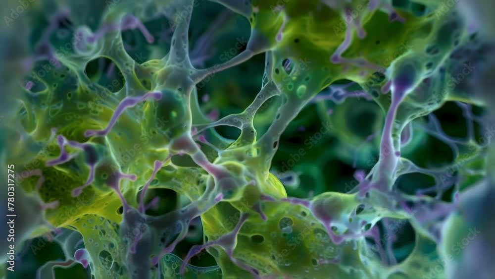 Poster an intricately detailed image of bacterial biofilm showing a tangled web of cells and extracellular 