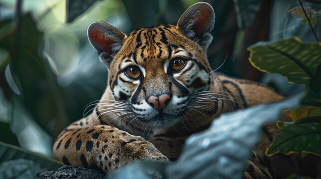 closeup of a Margay sitting calmly, hyperrealistic animal photography, copy space for writing