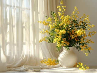 Majestic Mimosa: White Vase Brimming With Yellow Sunshine