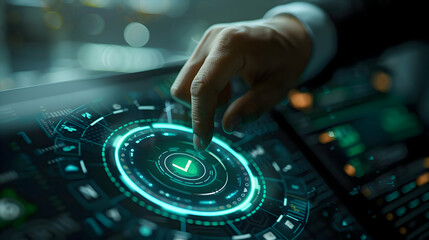 Obraz premium Businessman Interacting with Futuristic HUD Panel