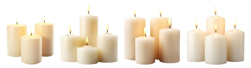 Set of pillar candles with flames illuminated, cut out - obrazy, fototapety, plakaty