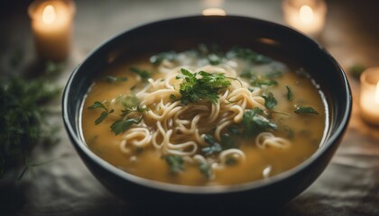 A cozy scene: A steaming bowl of noodle soup surrounded by candlelight and greenery in a softly lit room.