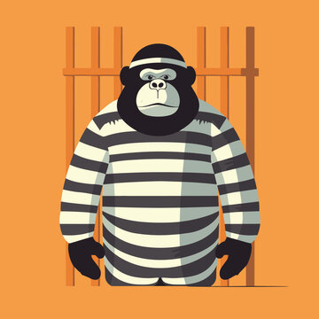 Cartoon angry gorilla criminal in cap and prison suit in jail, vector illustration