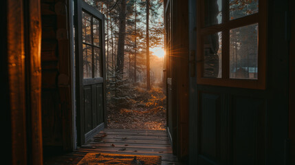 Fototapeta na wymiar The doors are open with a view of the sunset in the forest. View of the forest from the house.