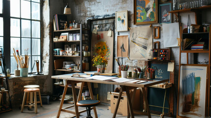 Cozy corner for writing or a well-lit studio for painting and crafts. - obrazy, fototapety, plakaty
