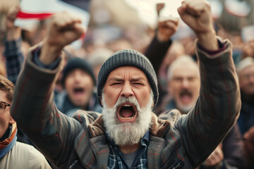 Angry man shouting with a crowd