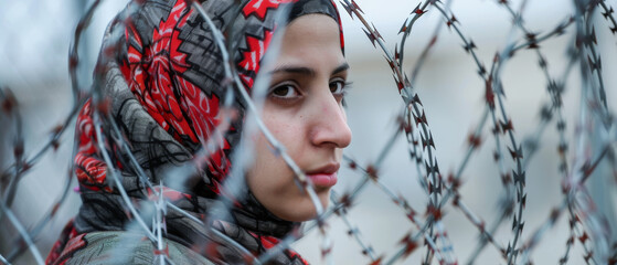 In an act of courageous defiance, a woman clad in a headscarf tears through barbed wire, a potent symbol of her resistance against tyranny and oppression. - obrazy, fototapety, plakaty
