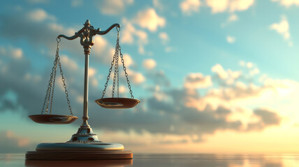 Classic justice scale against a cloudy sky symbolizing law and fairness AI Generative.