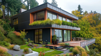 Obraz premium eco friendly contemporary house with vegetation growing over it for natural heating and cooling