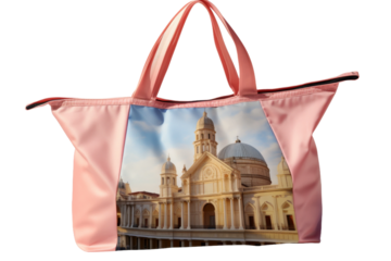 Pink Bag Featuring Building Print. On a White or Clear Surface PNG Transparent Background.