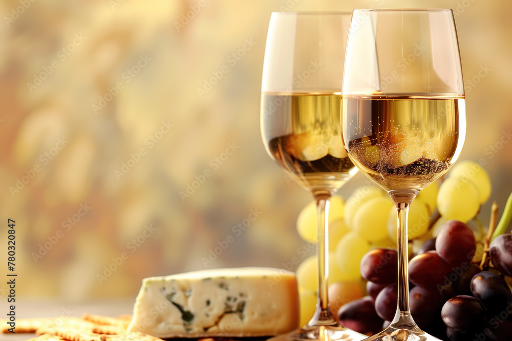 Poster white wine, grapes and cheese. background image. created with generative ai technology.