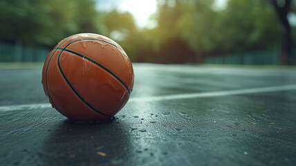 Hyper-realistic basketball on a street court after rain, captured with AI Generative precision.