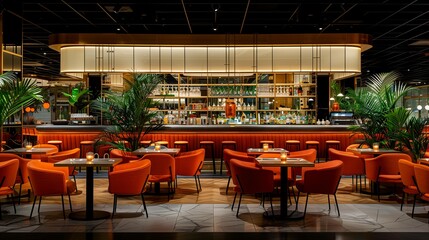 Modern Restaurant Interior with Orange Chairs and Bar Counter