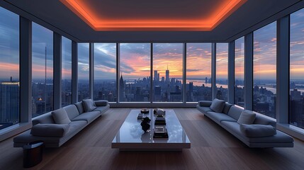 Fototapeta premium Panoramic City View from Modern High-Rise Apartment at Sunset