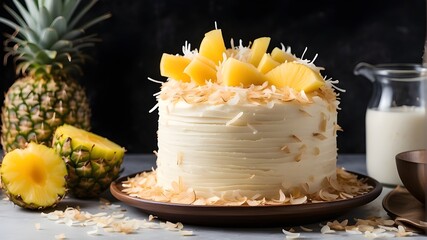 Obraz na płótnie Canvas A tropical coconut cake garnished with toasted coconut flakes and pineapple slices 
