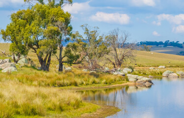 Lake Oberon on a beauitful Autumn Day with blue sky and white clouds