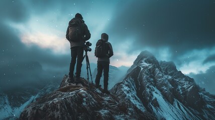 Photographic assistants who have experienced wind and rain stand on the top of the mountain, holding cameras, ready to capture beautiful scenery, AI Generative