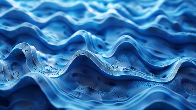 The image is of a blue wave with a lot of water droplets on it. Scene is calm and serene, as the water droplets create a sense of movement and fluidity