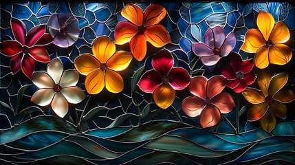 A vibrant, stained glass design inspired by Art Nouveau flora, where the organic forms of plants and flowers are captured in colorful glass, with light filtering through to create a luminous effect.
