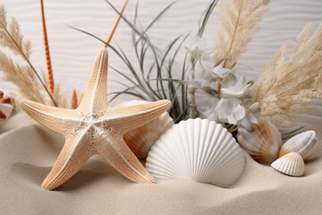 Fototapeta na wymiar Seashells and dried grasses on sand offering a serene coastal vibe. AI Generative.