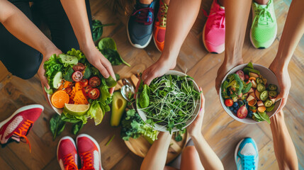 Health enthusiasts prioritize clean eating and regular exercise, fueling their bodies with nutrient-rich foods and engaging in physical activities that promote strength and vitality - obrazy, fototapety, plakaty