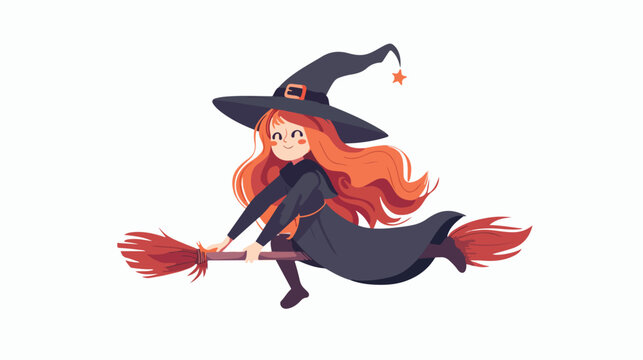 Cute girl in witch hat flying on broomstick. 