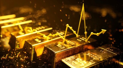 A stack of gold bars with a glow up line graph in the background. The bars are stacked on top of each other and the graph shows a rising trend