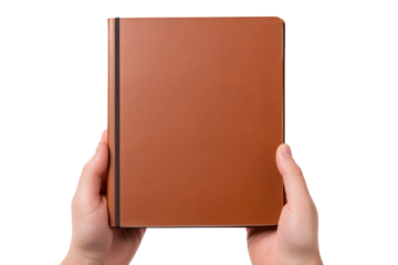 Person Holding Brown Book in Hands. On a White or Clear Surface PNG Transparent Background.