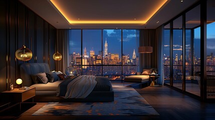Luxury Bedroom Interior with Panoramic City View at Night