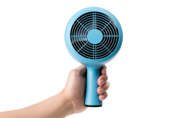 Hand Holding Blue Fan on White Background. On a White or Clear Surface PNG Transparent Background.