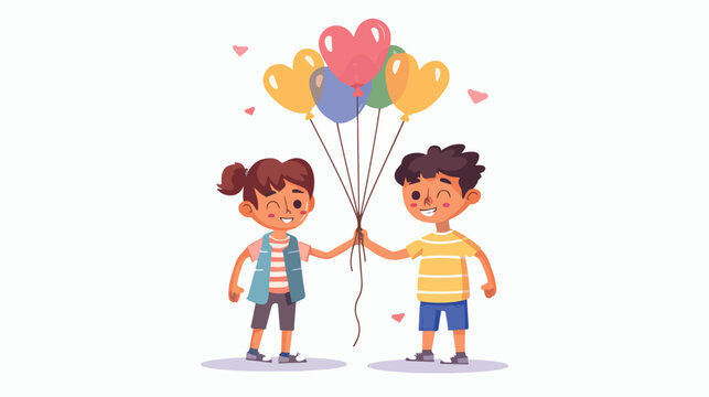 Cute kid boy and girl holding hands with balloons