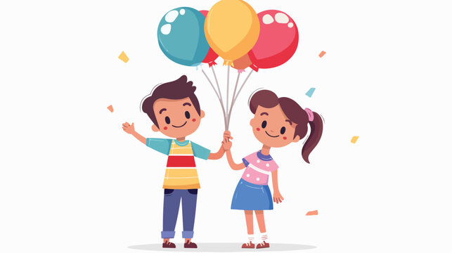 Cute kid boy and girl holding hands with balloons