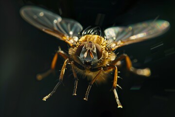 Dramatic mid flight close-up of a fly with translucent wings illuminated

