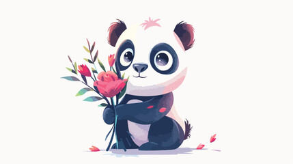 Cute little panda with big eyes and a bouquet greeting