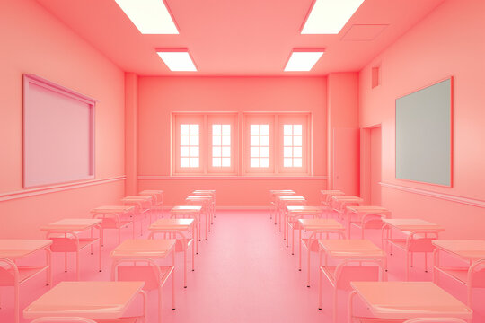 A neatly arranged classroom with pink walls and white furniture depicting a clean, organized educational environment. Last day of school concept. 
